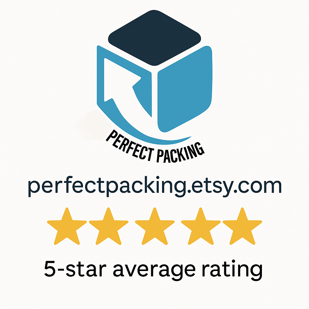 Logo for Perfect Packing with Etsy shop link and five-star rating badge